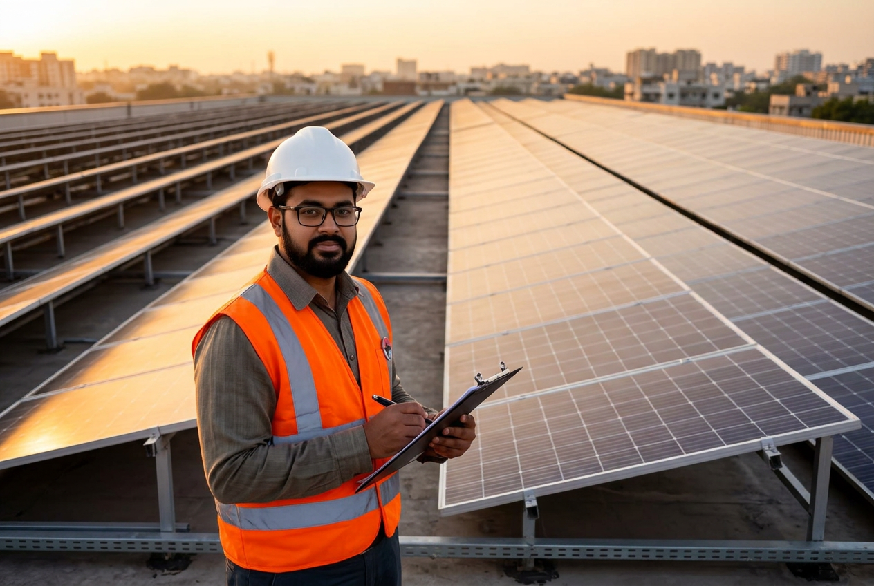 Lokenath Traders engineer surveying a rooftop solar site
